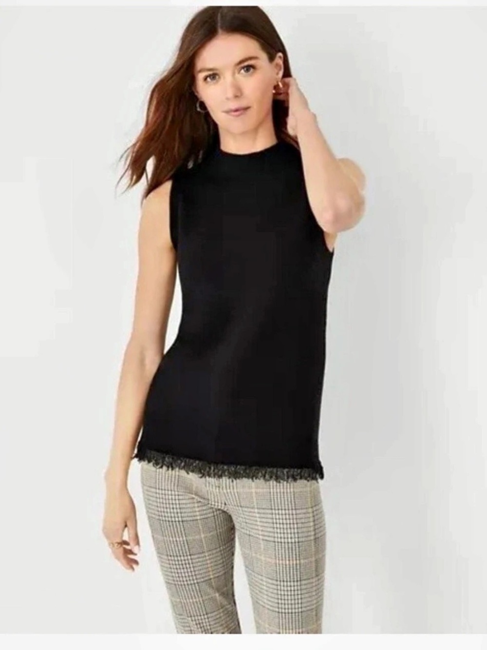 Ann Taylor Petite Black Sequin Fringe Sleeveless Top LP